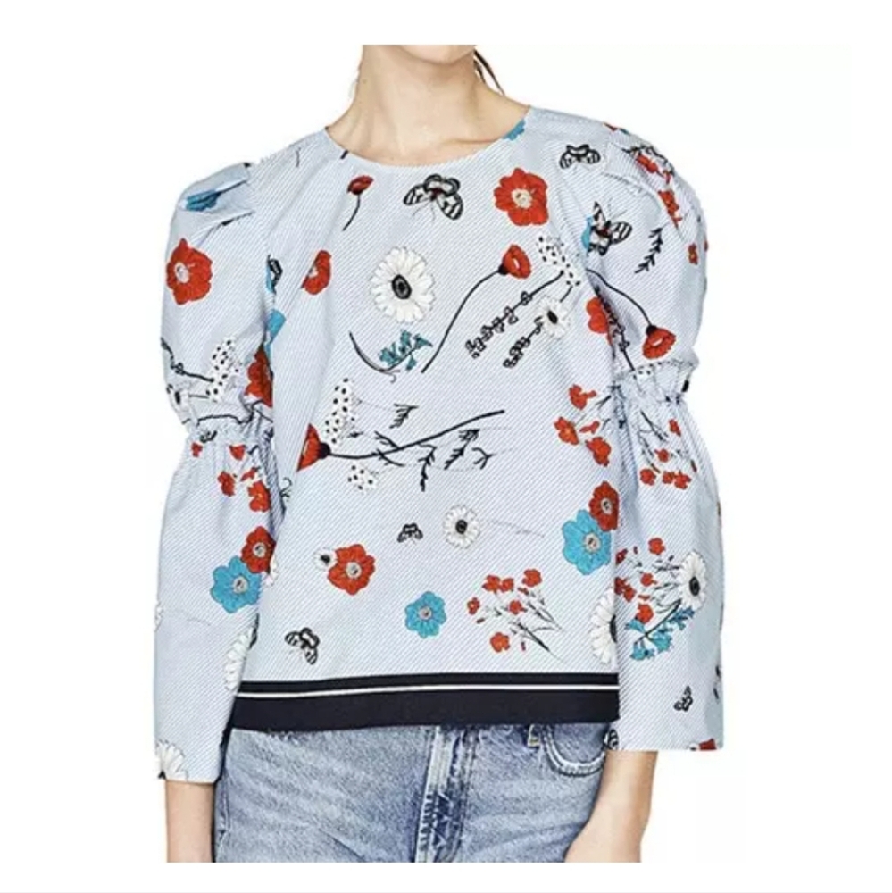 Zara poplin  floral print top with bell sleeves US XS Poppies